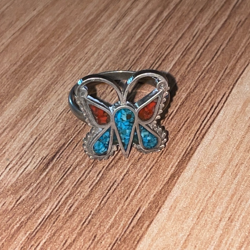 Vintage Navajo Turquoise Coral and Sterling Silver Butterfly Ring Size 7